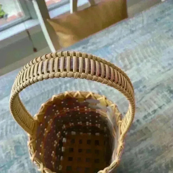 Basket, Handmade, Numbered 9/12, light blue/gray, green, natural tan - Picture 9 of 9